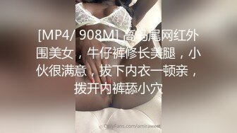 [MP4/ 908M] 高马尾网红外围美女，牛仔裤修长美腿，小伙很满意，拔下内衣一顿亲，拨开内裤舔小穴